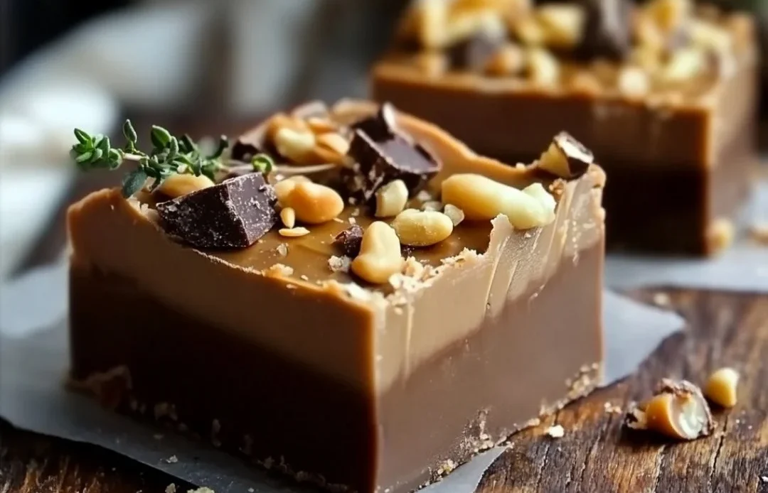 Delicious homemade Snickers fudge with chocolate and peanuts