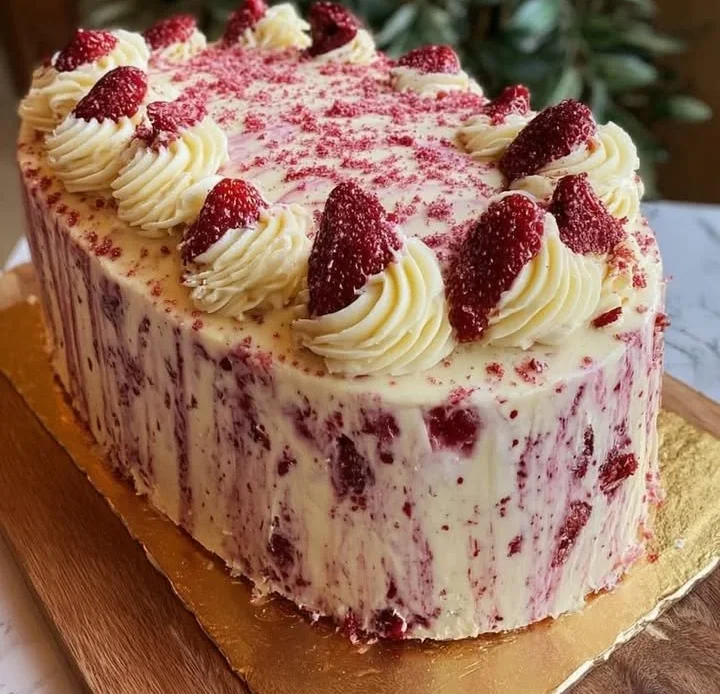 A slice of strawberry cheesecake pound cake topped with fresh strawberries.