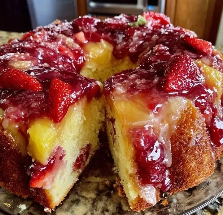 Slice of Strawberry Pineapple Pound Cake with fresh strawberries and pineapple topping