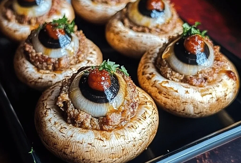 Stuffed mushroom eyeballs for Halloween party recipe