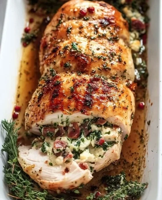 Delicious stuffed turkey breast ready for serving on a festive table