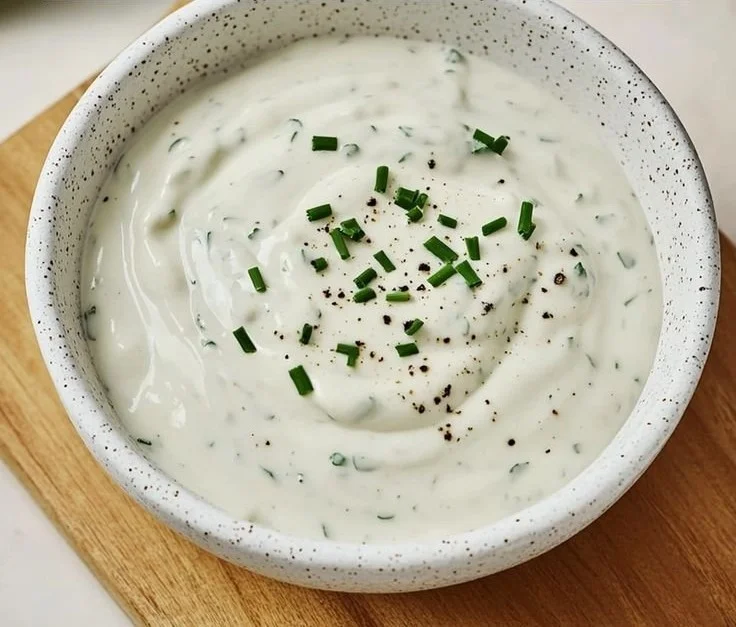 Zesty horseradish sauce in a glass bowl garnished with fresh herbs.