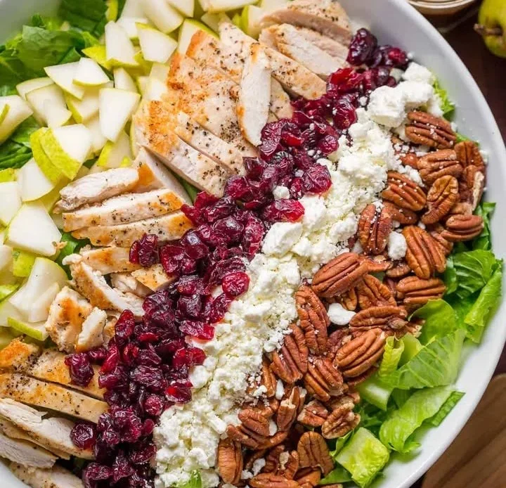 Delicious autumn chopped chicken salad with fresh ingredients and seasonal vegetables.