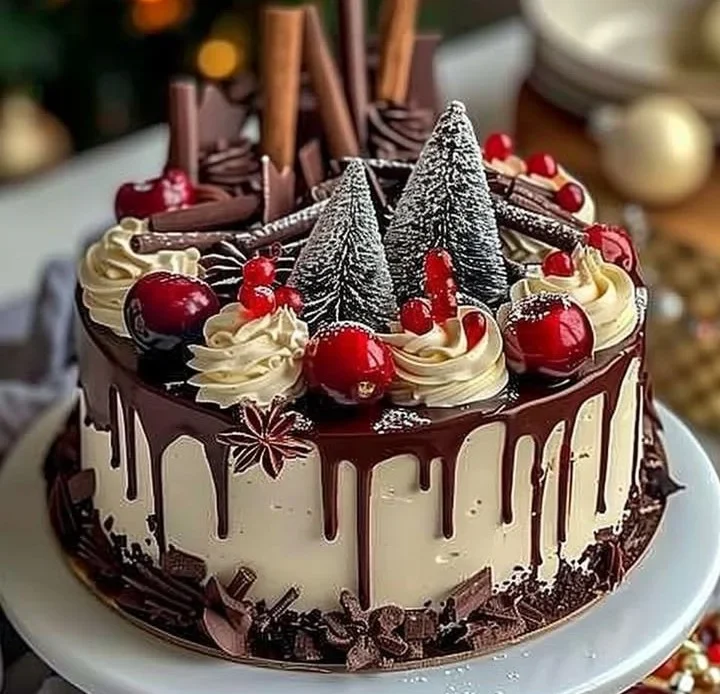 Delicious Black Forest Cake decorated for Christmas with cherries and chocolate