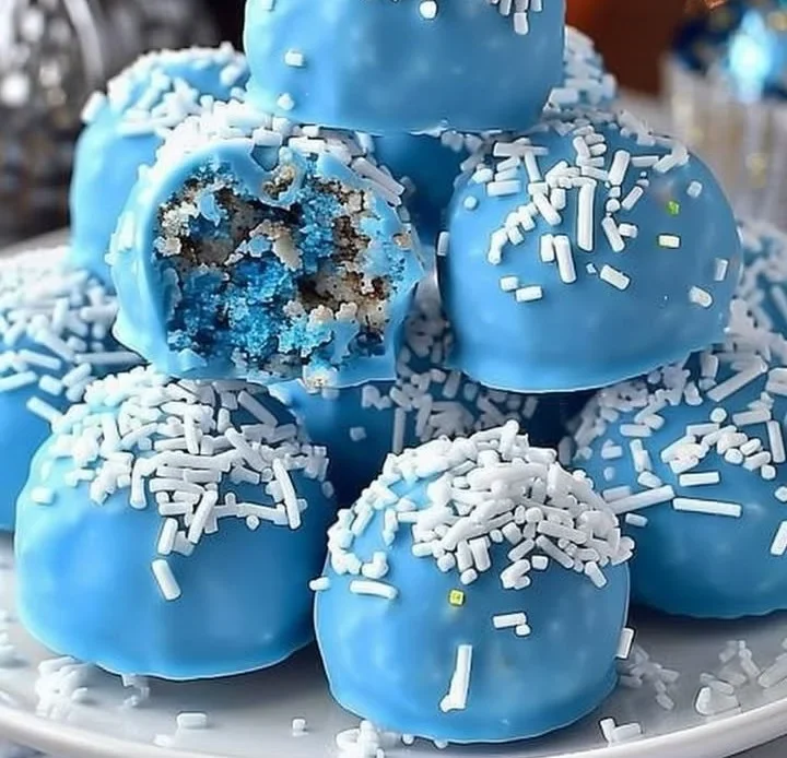 Blue Christmas Truffles decorated with festive blue chocolate and sprinkles