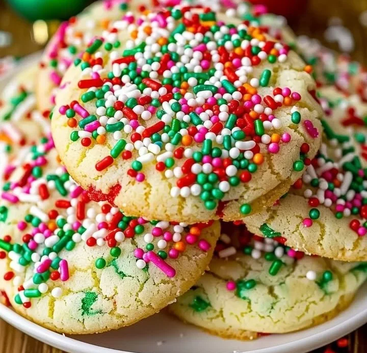 Plate of easy Christmas cake mix cookies decorated with festive sprinkles