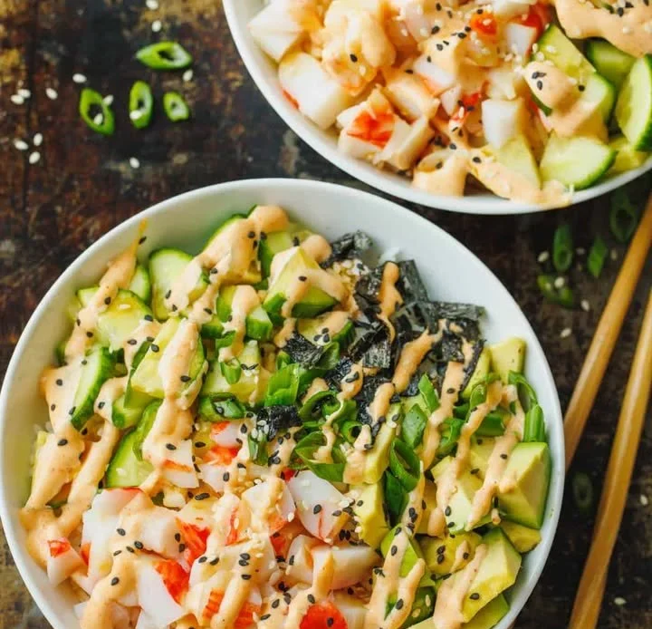Colorful California Roll Bowl with fresh ingredients and sushi rice