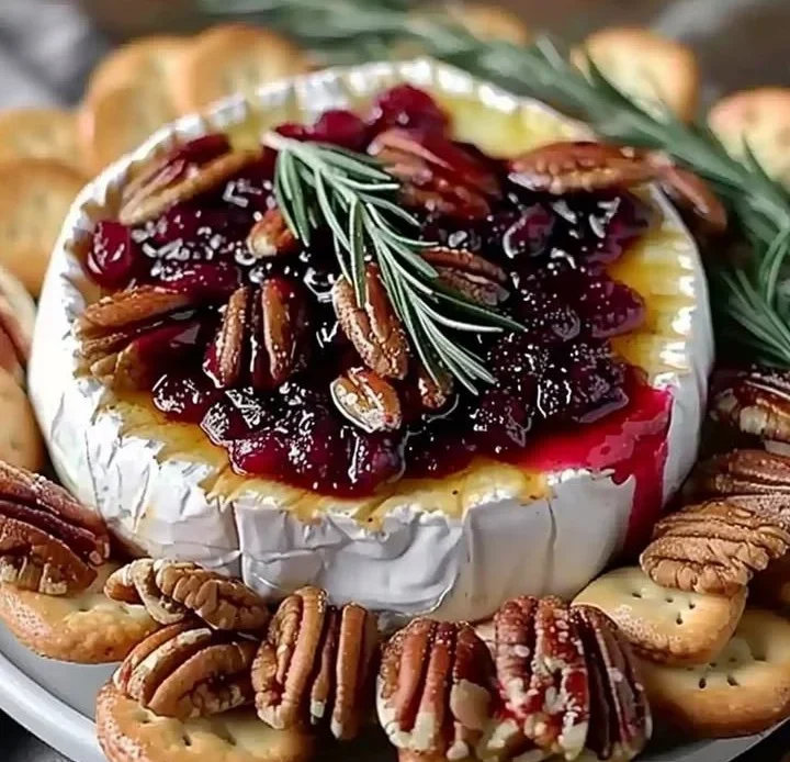 Christmas Baked Cranberry Brie appetizer with melty cheese and cranberry topping