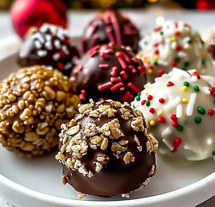 Festive Christmas chocolate rice krispie balls decorated for the holiday season
