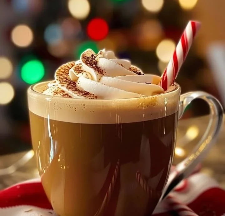 A steaming cup of Christmas Coffee with festive decorations and holiday ambiance.