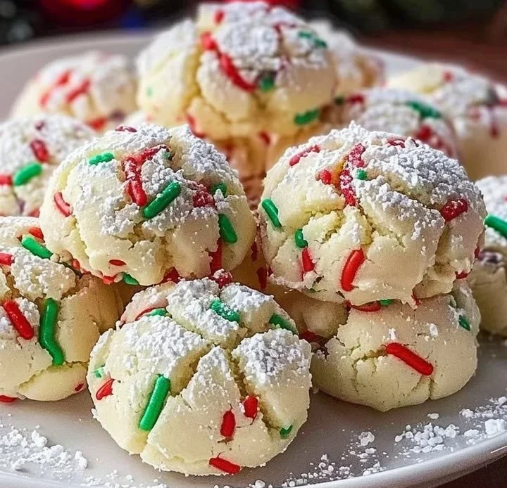 Plate of Christmas Funfetti Snowball Cookies with colorful sprinkles