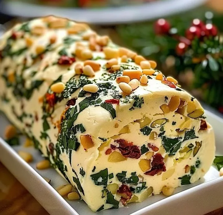 Festive Christmas Italian cheese log served on a platter with crackers and fruits.
