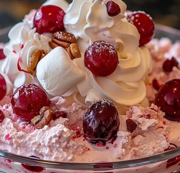 Christmas Nutty Cherry Cheesecake Fluff dessert with cherries and nuts