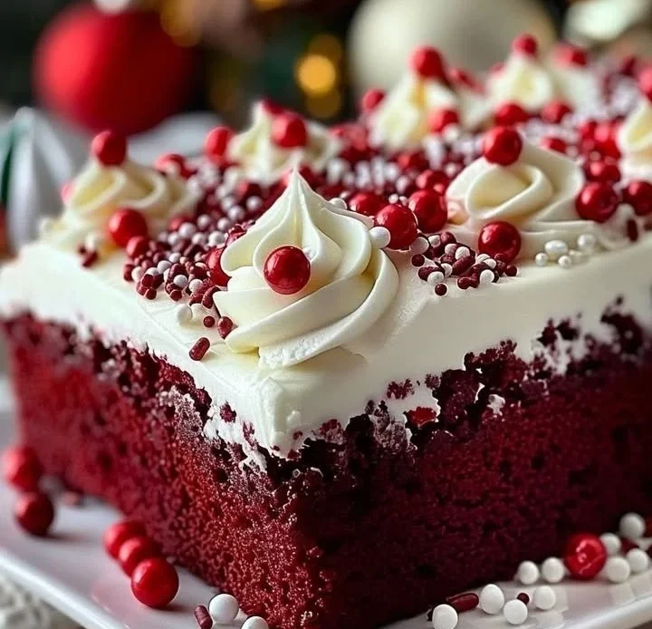 Christmas Red Velvet Poke Cake topped with whipped cream and festive decorations