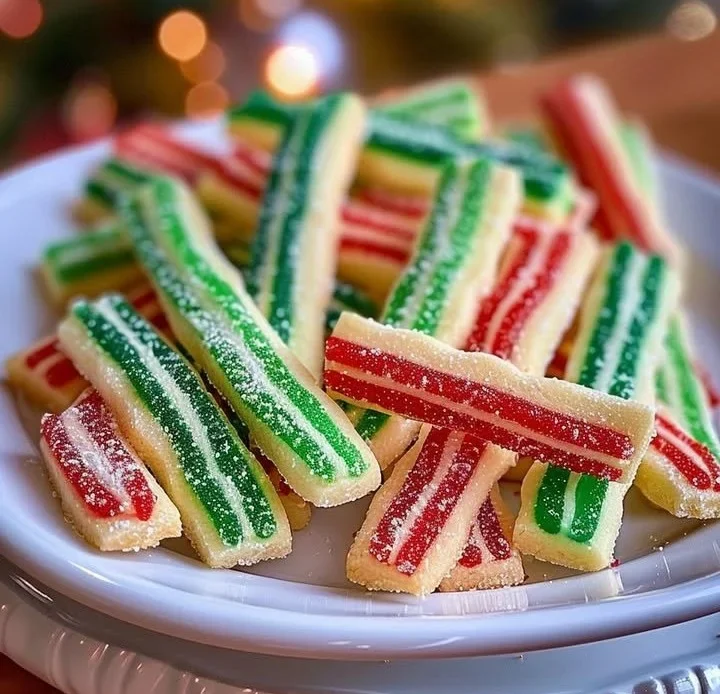 Decorative Christmas Ribbon Cookies arranged on a festive platter.