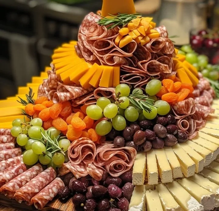 Festive Christmas Tree charcuterie board with assorted meats, cheeses, and fruits