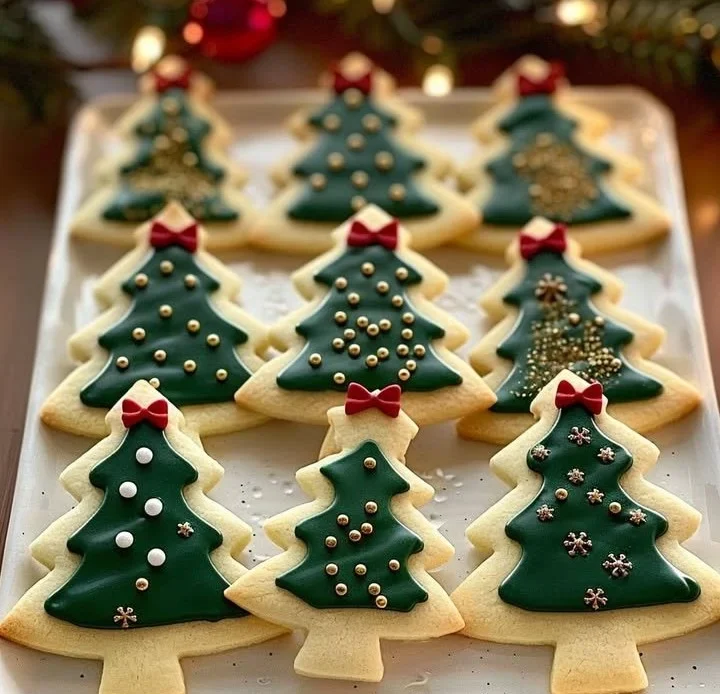 Festive Christmas Tree Sugar Cookies decorated with icing and sprinkles