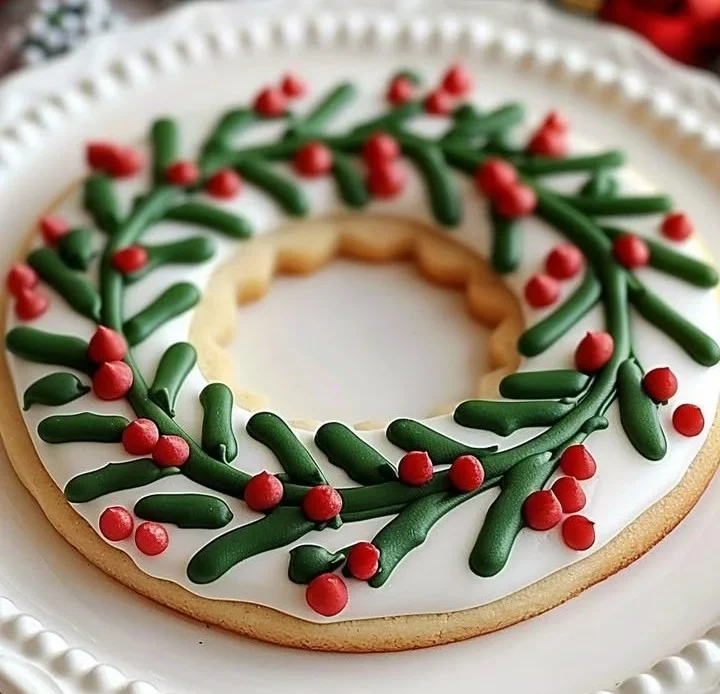 Decorative Christmas wreath sugar cookies with icing and sprinkles