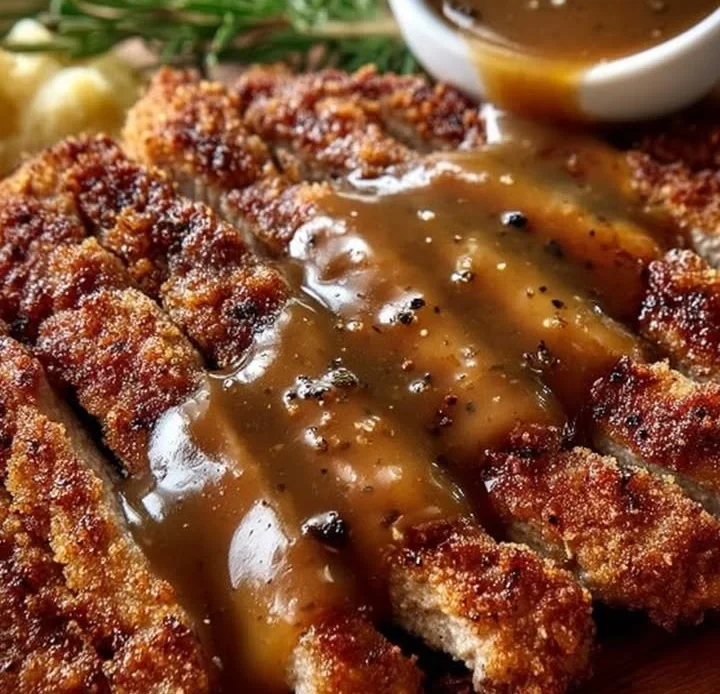Delicious country-style fried steak with homemade gravy served on a plate