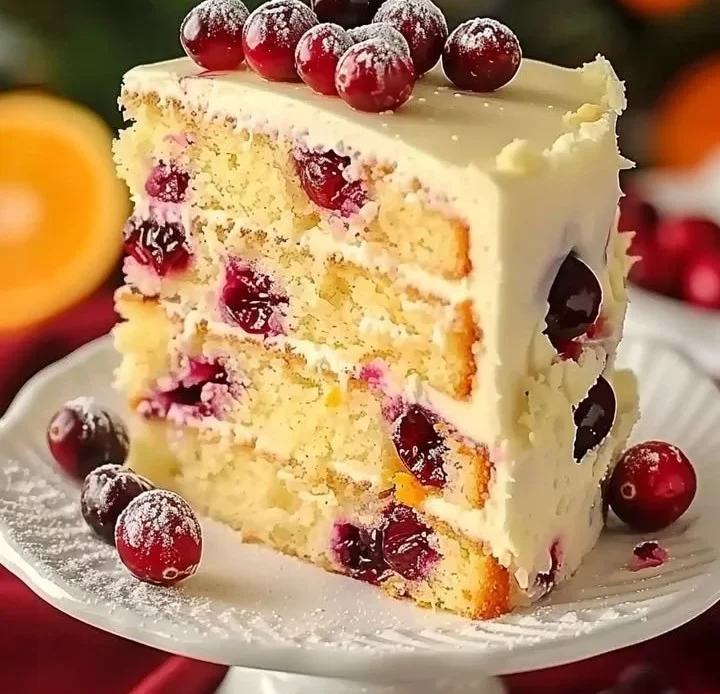 Delicious Cranberry Orange Cake garnished with fresh cranberries and orange zest