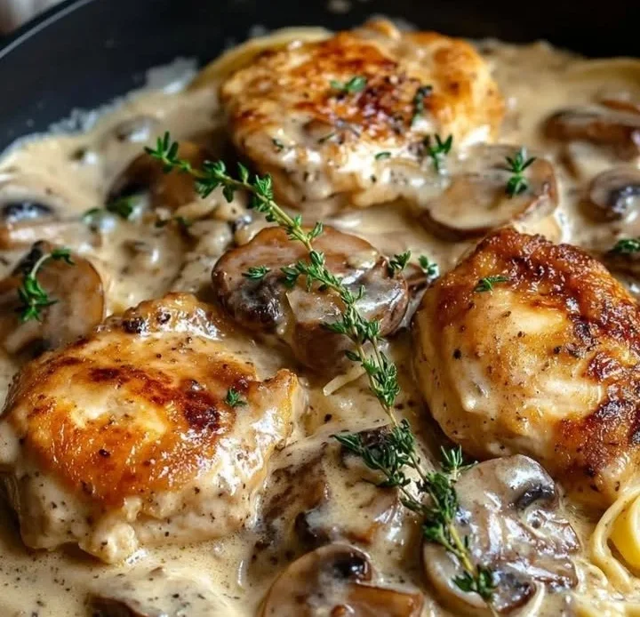 Creamy Asiago Mushroom Chicken served in a bowl with herbs