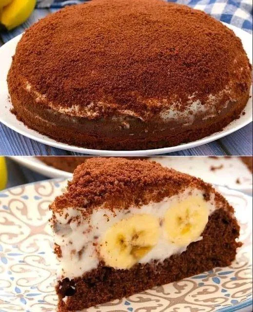 Creamy banana cake topped with fresh banana slices and whipped cream