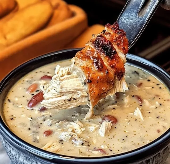 Bowl of creamy white chicken chili topped with cilantro and avocado