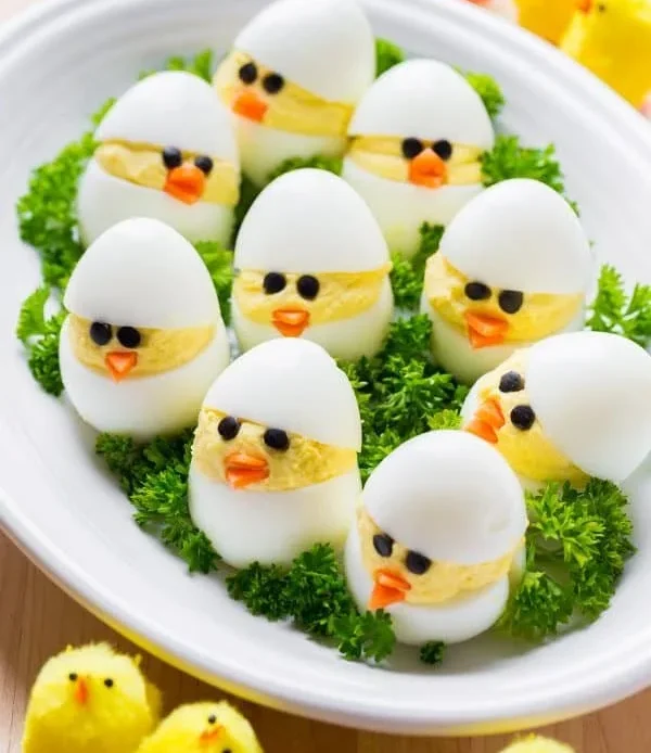 Cute deviled egg chicks for Easter or party appetizers