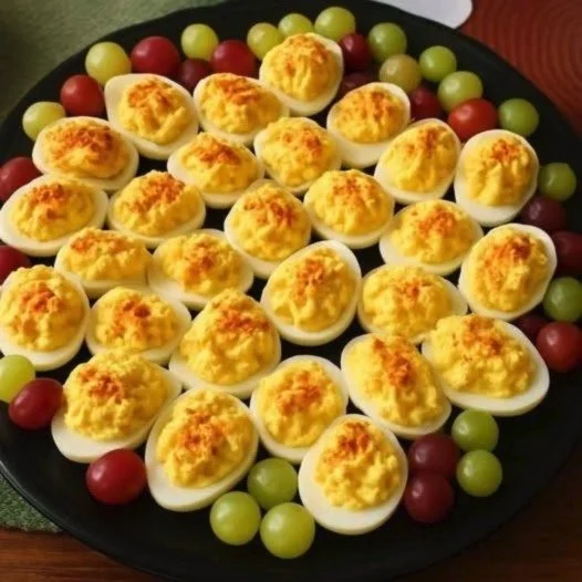A tray of classic deviled eggs garnished with paprika and herbs