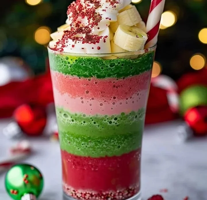 Delicious festive Christmas smoothie in a glass with seasonal decorations