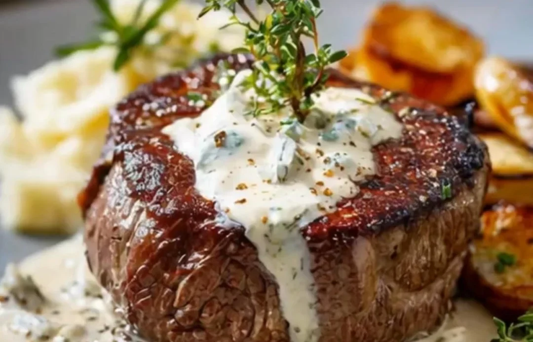 Filet mignon steak served with creamy Boursin sauce on a white plate.