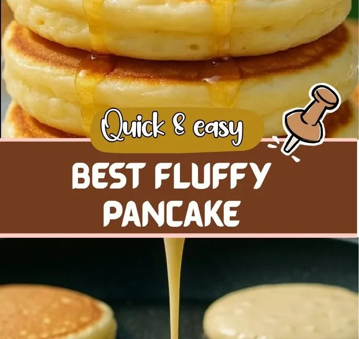 Stack of fluffy pancakes topped with syrup and berries