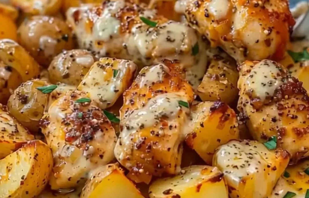 Garlic Parmesan Chicken served with roasted potatoes on a plate.