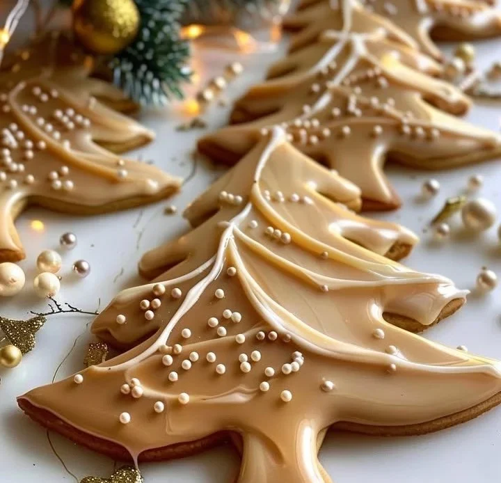 Golden Caramel Pine Tree Cookies ready for the holiday season.