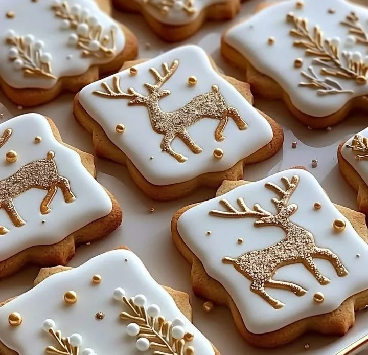 Golden Reindeer Christmas Cookies decorated for the holiday season