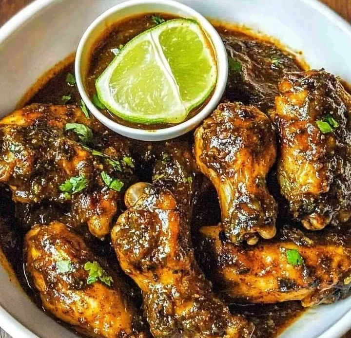 Delicious green onion jerk chicken wings garnished with fresh herbs.