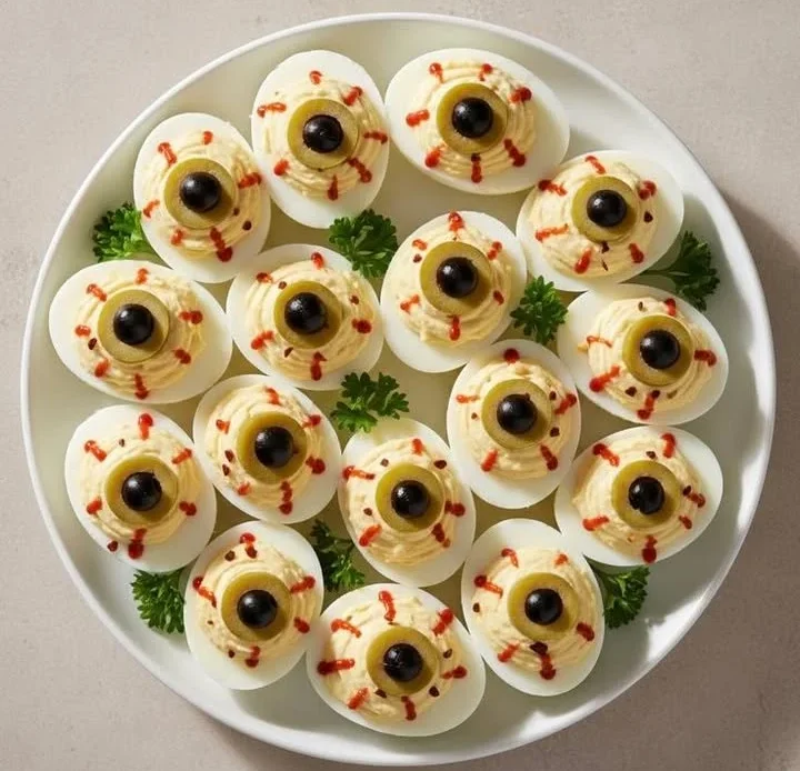 Halloween themed eyeball deviled eggs for a spooky celebration