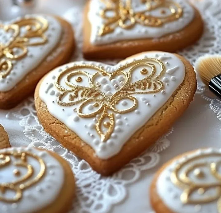 Heart-shaped golden Christmas cookies decorated for the festive season.