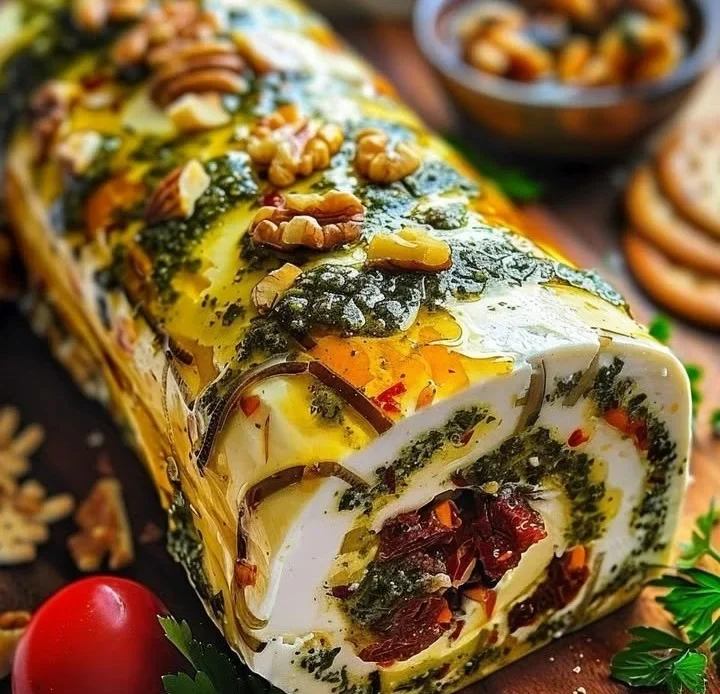 Holiday cheese log with pesto and sun-dried tomatoes on a serving platter
