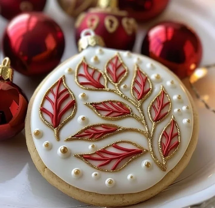 Decoratively iced holiday ornament cookies on a festive table setting.