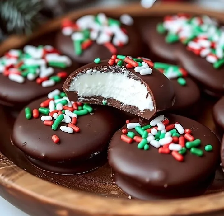 Homemade peppermint patties on a white plate, showcasing their creamy mint filling.