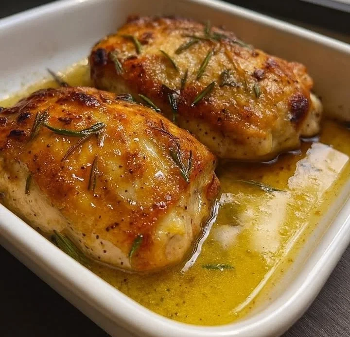 Honey Garlic Baked Chicken Breasts on a plate garnished with herbs