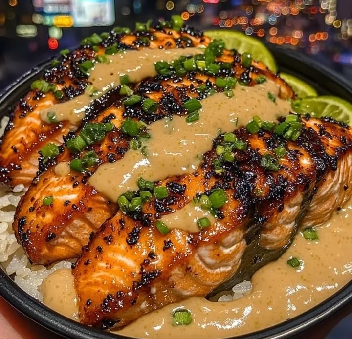 Honey Soy Salmon Rice Bowl with vegetables and sesame seeds on a plate