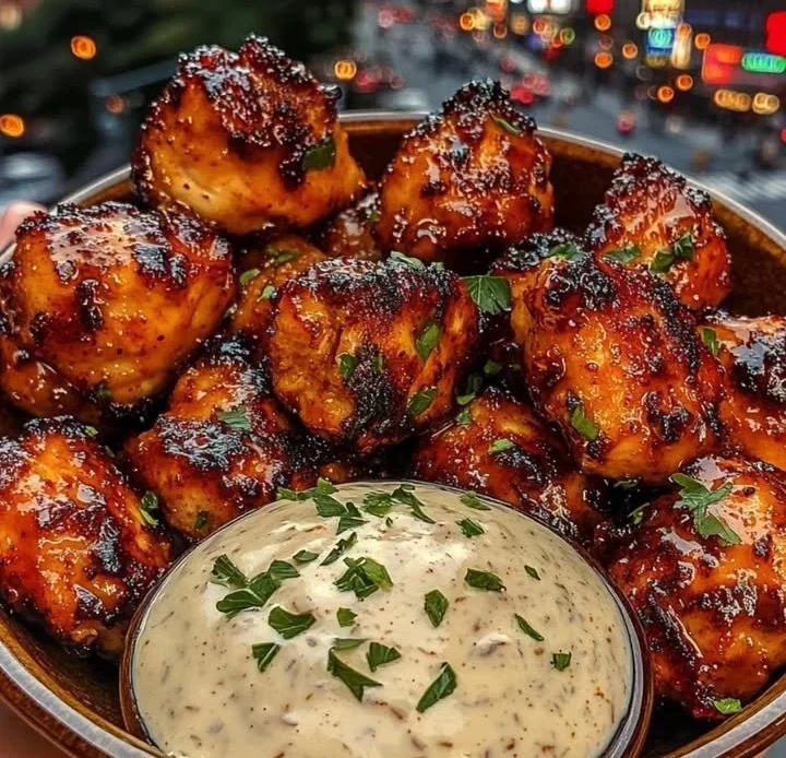 Honey Sriracha Chicken Bites served with Creamy Ranch Dip
