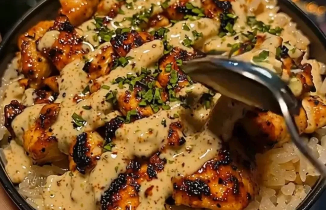 Delicious Honey Sriracha Chicken Rice Bowl with fresh vegetables and rice