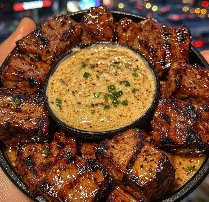 Delicious Korean BBQ beef cubes served with garlic soy dip
