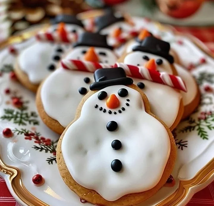 Cute melted snowman cookies decorated with frosting and candy.