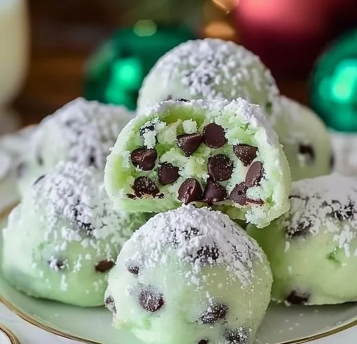 Mint Chocolate Chip Snowball Cookies on a decorative plate