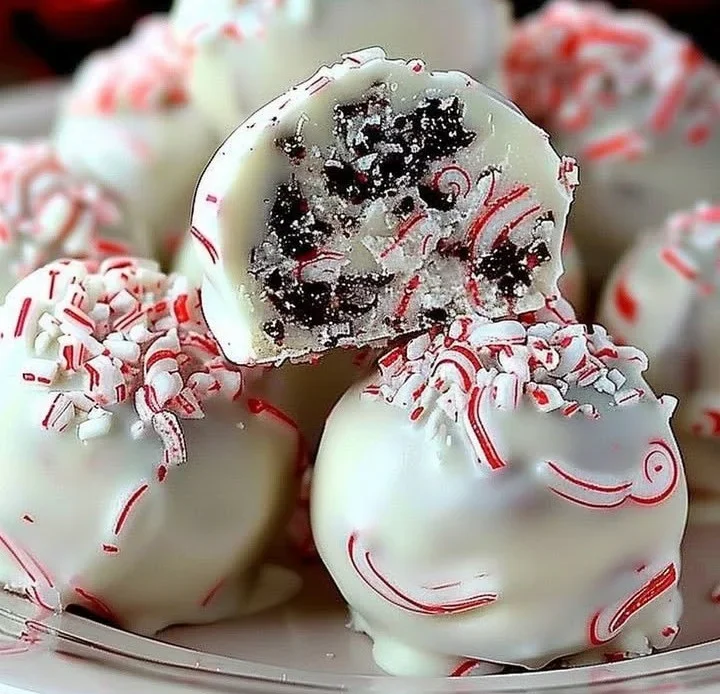 Delicious no-bake peppermint bark snowballs on a holiday plate
