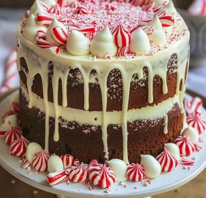 Peppermint Candy Cane Drip Cake with festive decorations and a delicious chocolate drip.